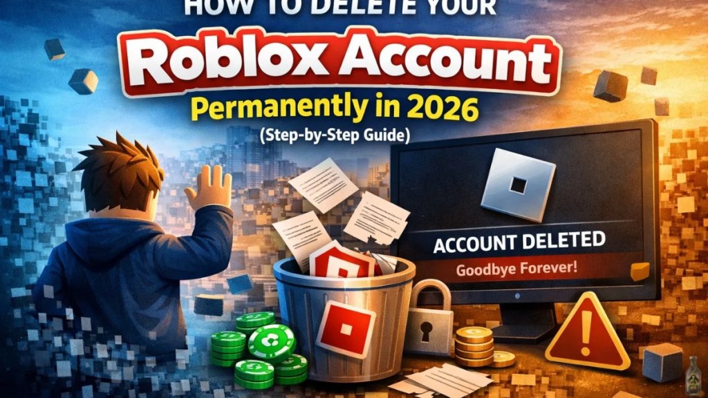 A 3D Roblox character waving goodbye next to a trash bin containing Roblox logos and a computer screen displaying "Account Deleted."