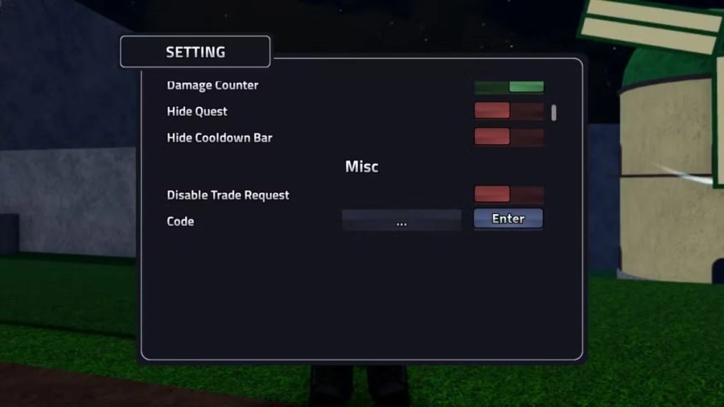 A screenshot of the Rogue Piece settings menu showing the 'Code' entry box and 'Enter' button.