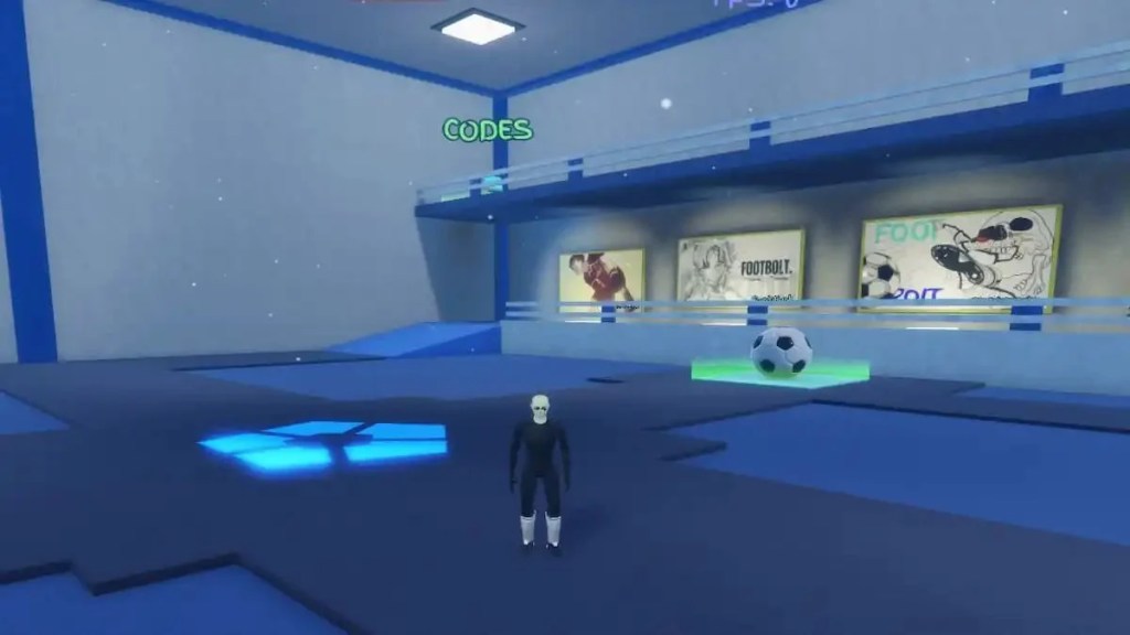 The in-game lobby of Footbolt showing the stairs leading to the codes redemption area and the training field.