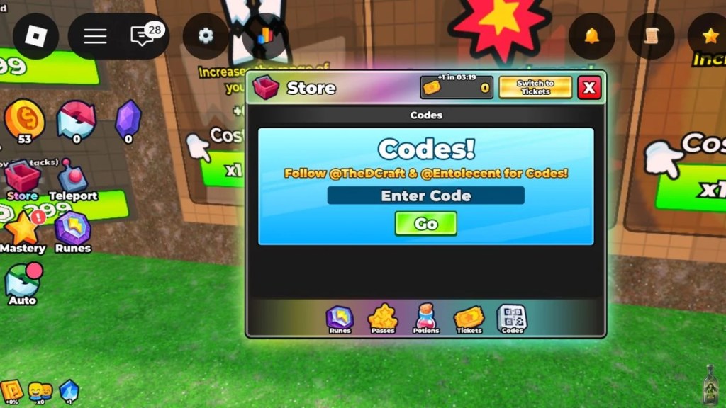 The in-game Store menu in Slime Evolution showing the Codes redemption box with "Enter Code" and a green "Go" button.A screenshot of the Roblox game interface. A central "Store" pop-up window is open, specifically showing the "Codes" section. It instructs players to follow the developers on social media and provides a blue text box to enter codes.