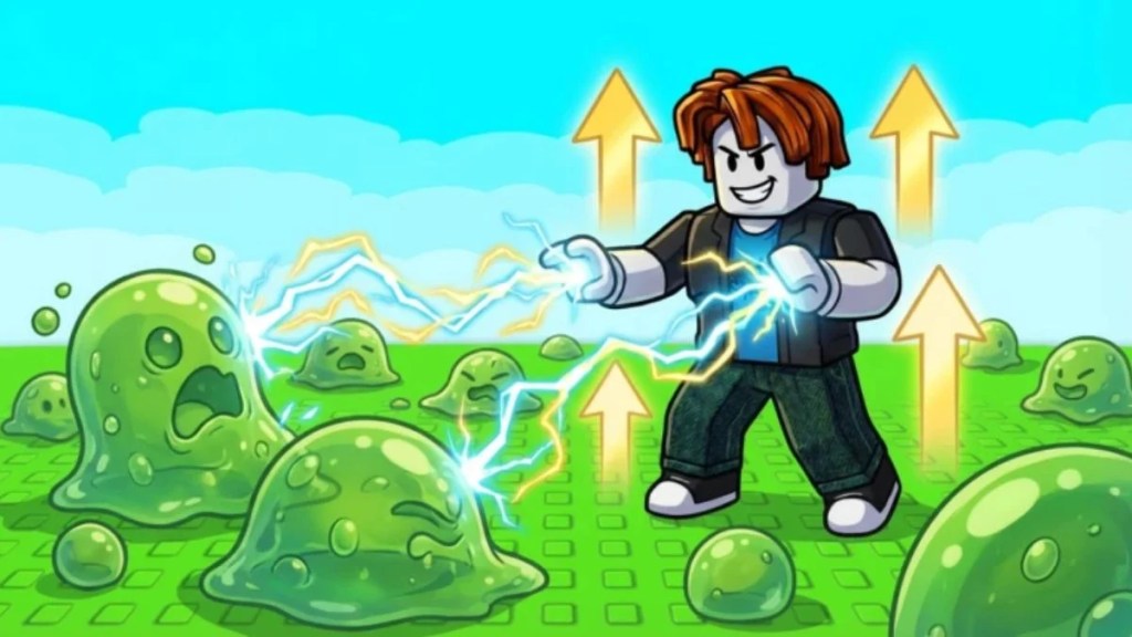 A Roblox character using lightning powers to defeat green slimes in a grassy field in Slime Evolution.