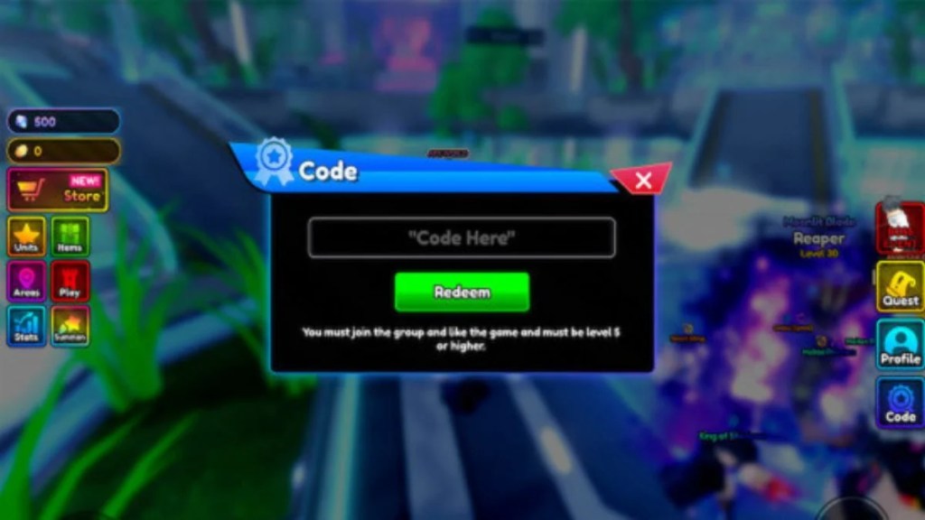 The in-game code redemption window in Re Rangers X Roblox showing the "Code Here" input box and green Redeem button.