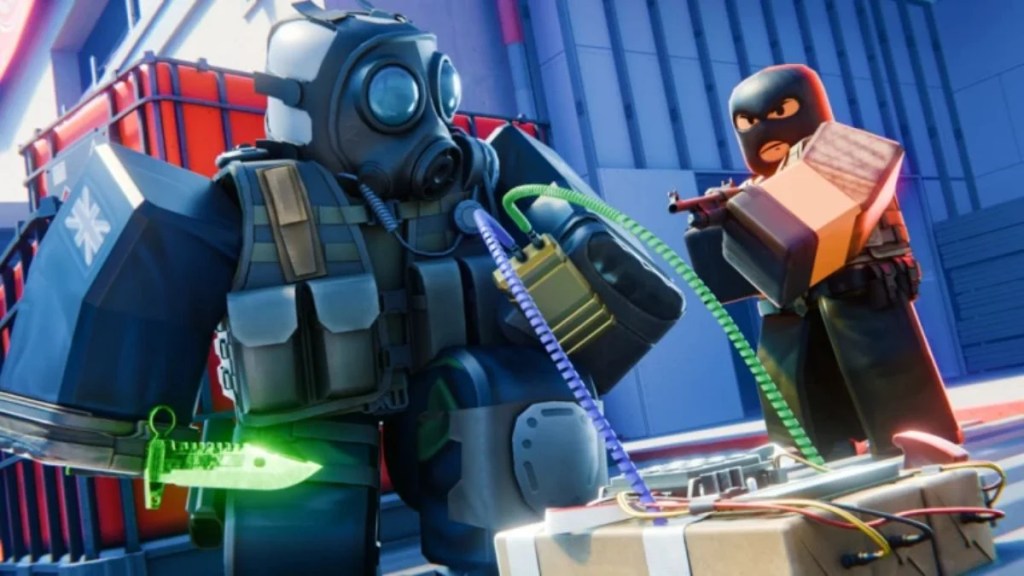 BloxStrike gameplay art showing a counter-terrorist character defusing a bomb while a terrorist aims a rifle.