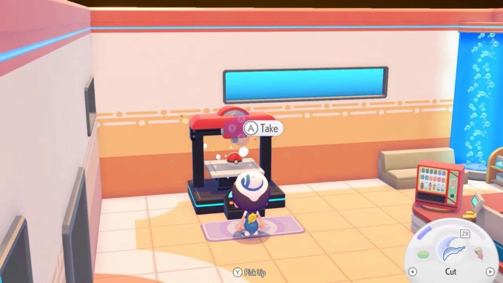A player character collecting a 3D printed Poké Ball item from the printer inside a Pokémon Center.