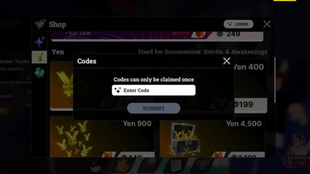 The in-game "Codes" pop-up window within the Racket Rivals shop menu on Roblox.