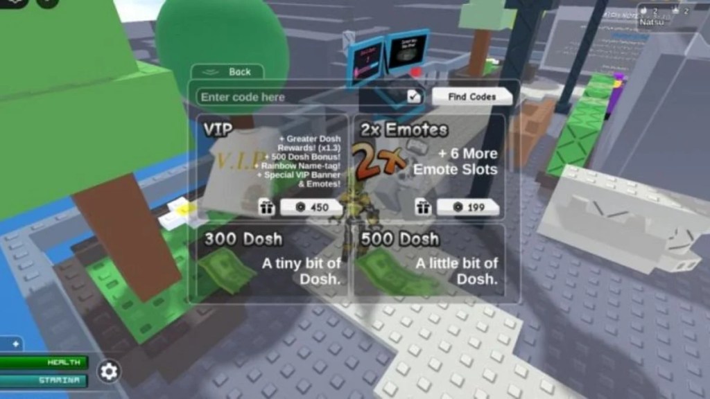 The in-game shop menu in Something Evil Will Happen showing the "Enter code here" text box and checkmark button for Roblox rewards.