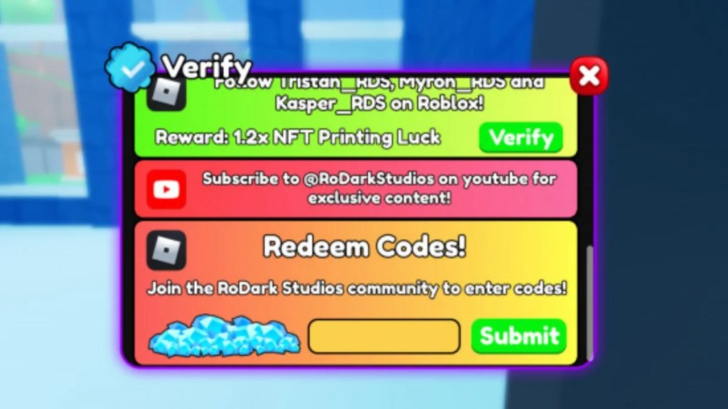 The Verify and Redeem Codes window in Coding Simulator 2 on Roblox, featuring a text input box and a green Submit button.