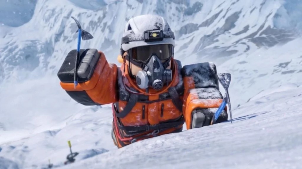 A Roblox character dressed in heavy winter mountaineering gear standing in front of a snowy base camp at K2 mountain.