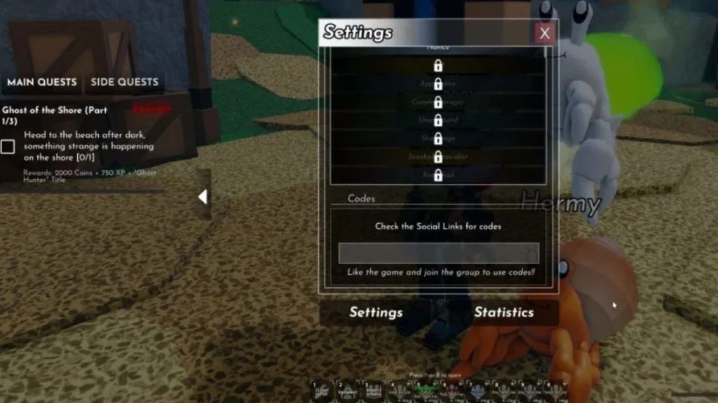 Roblox Shells game settings menu showing the Codes input box at the bottom.