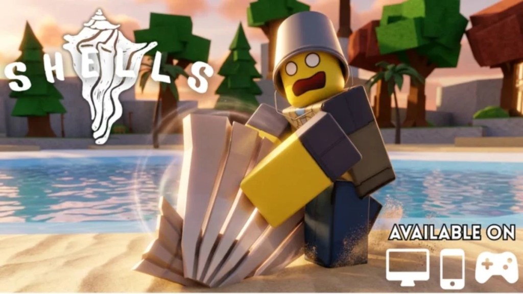 A Roblox character with a bucket on their head digging for a giant seashell on a tropical beach.