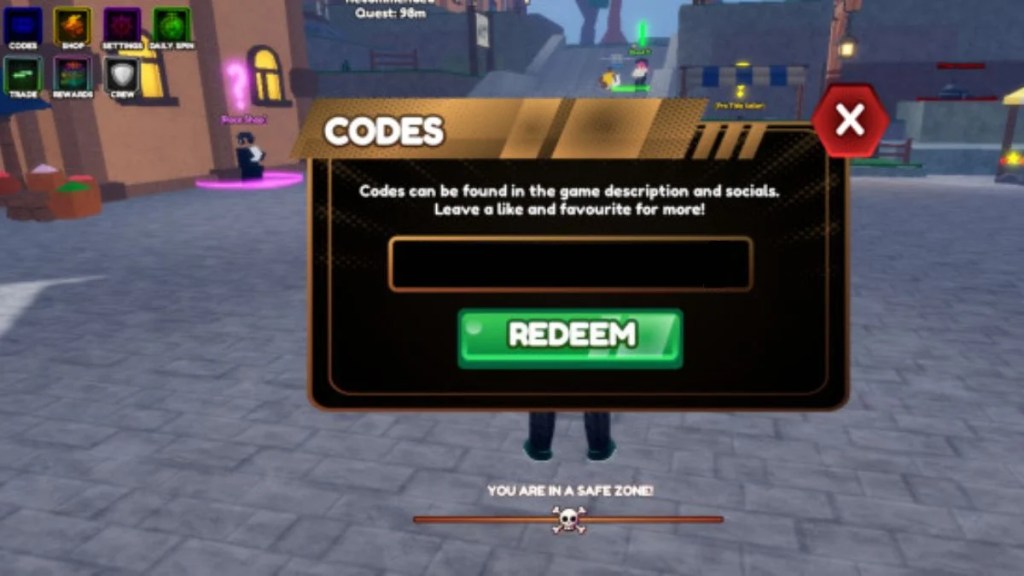 Roblox Chaos Piece in-game code redemption menu showing the text entry box and a green redeem button.