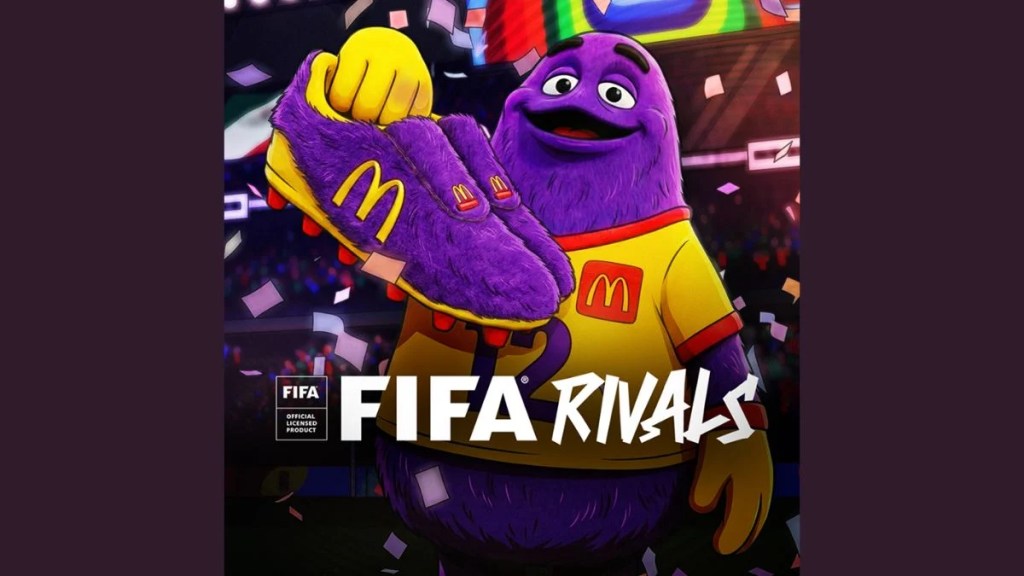Grimace holding a fuzzy purple McDonald's soccer cleat in a promotional graphic for FIFA Rivals