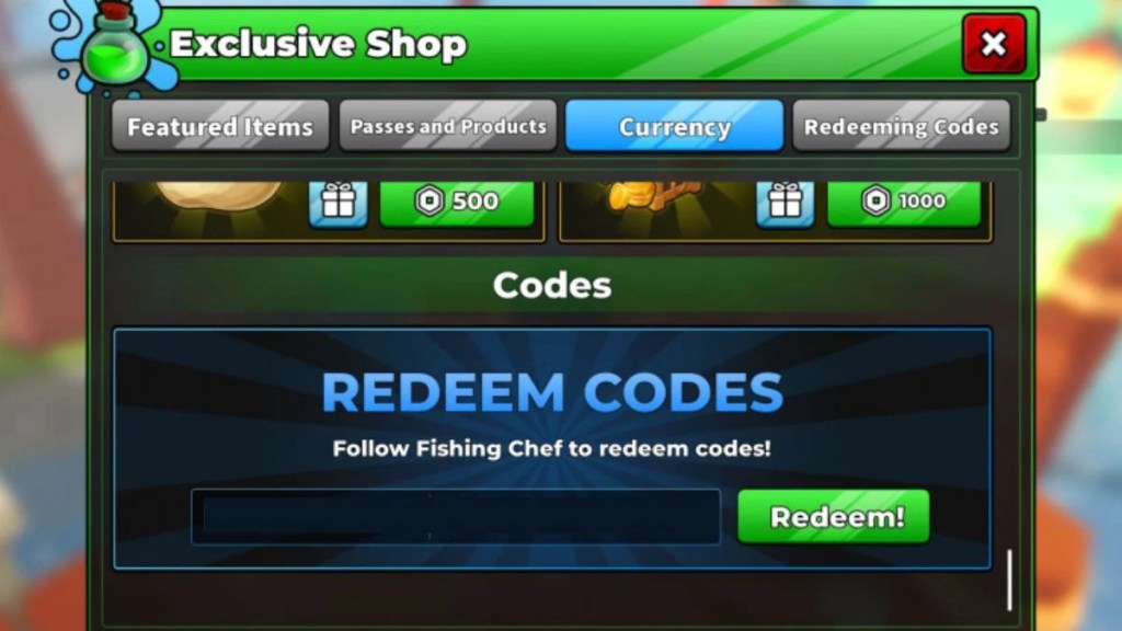 The in-game Exclusive Shop menu UI showing the Redeem Codes text box and green Redeem button in Roblox Fishing Chef.
