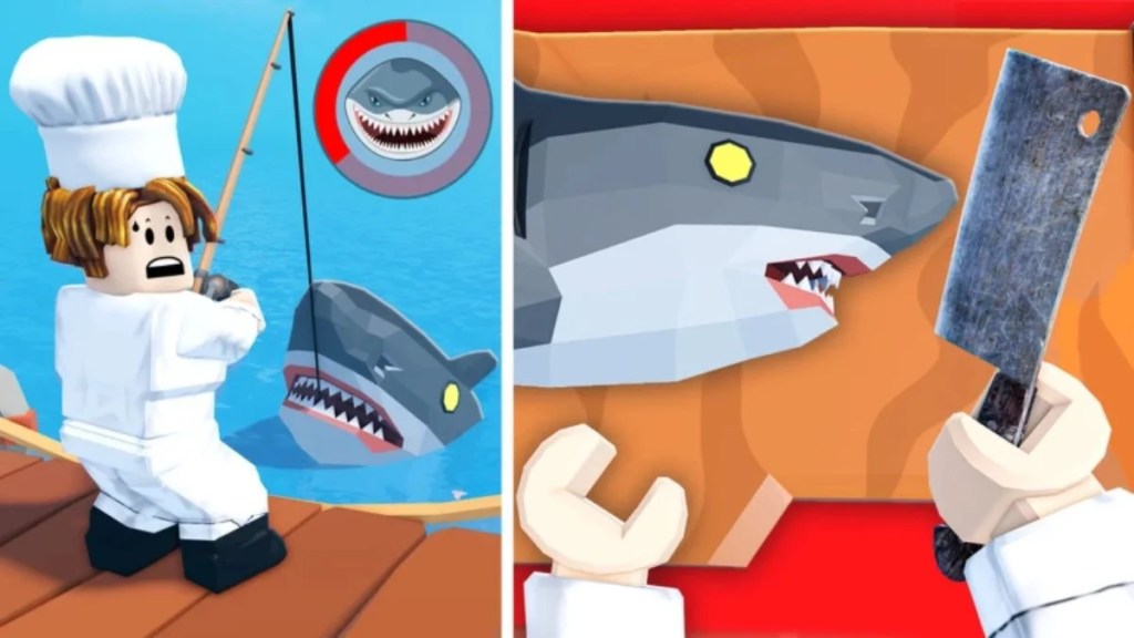 A Roblox character dressed as a chef reeling in a large shark next to a split screen showing a shark on a chopping board with a cleaver in Fishing Chef.