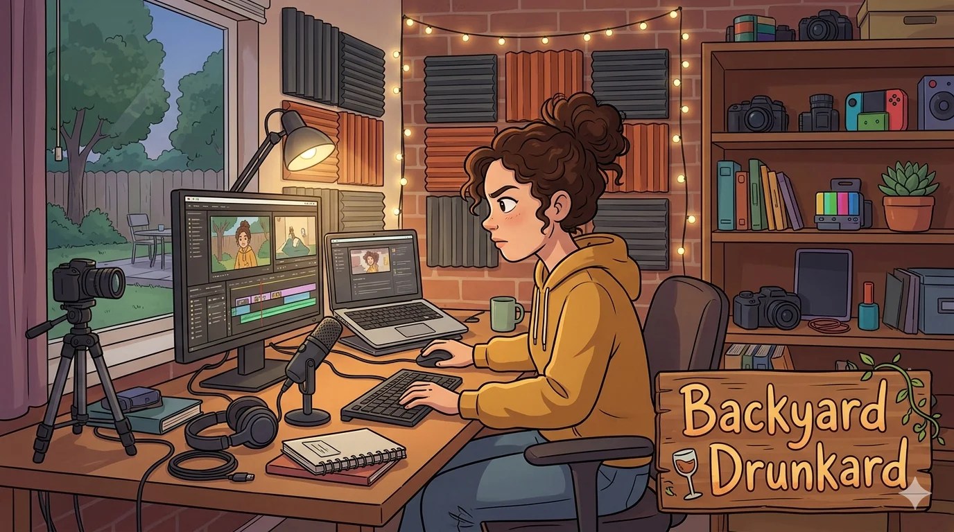 An illustration of a young woman with curly brown hair tied in a bun, wearing a yellow hoodie, sitting at her desk and focused on video editing. She is using a large monitor and a laptop. Her cozy room features brick walls, acoustic foam panels, string lights, a camera on a tripod by the window, and a bookshelf filled with tech gear. A wooden sign in the bottom right corner reads "Backyard Drunkard."