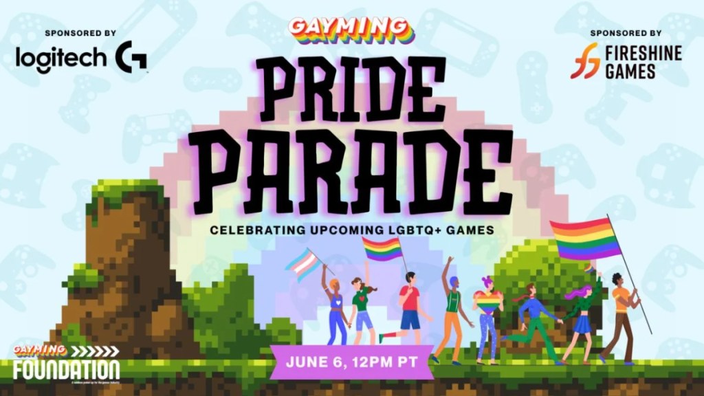Promotional banner for the Gayming Pride Parade stream at Summer Game Fest featuring pixelated characters holding Pride flags.
