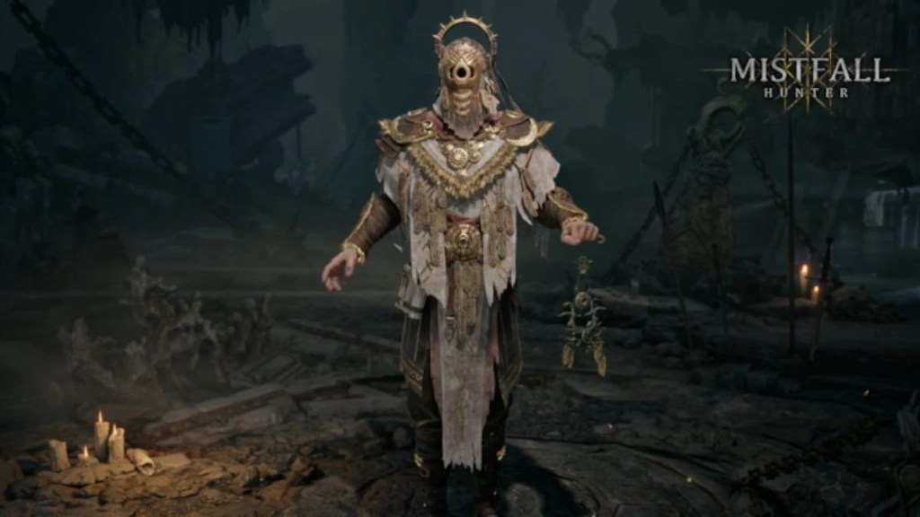 A masked character with a golden halo crown holding a lantern in a dark ruins setting from the game Mistfall Hunter.