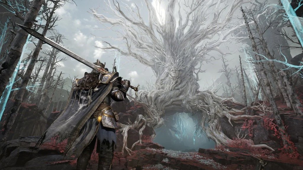A heavily armored knight wielding a greatsword looking at a massive, gnarled white tree with a carved face in Mistfall Hunter.