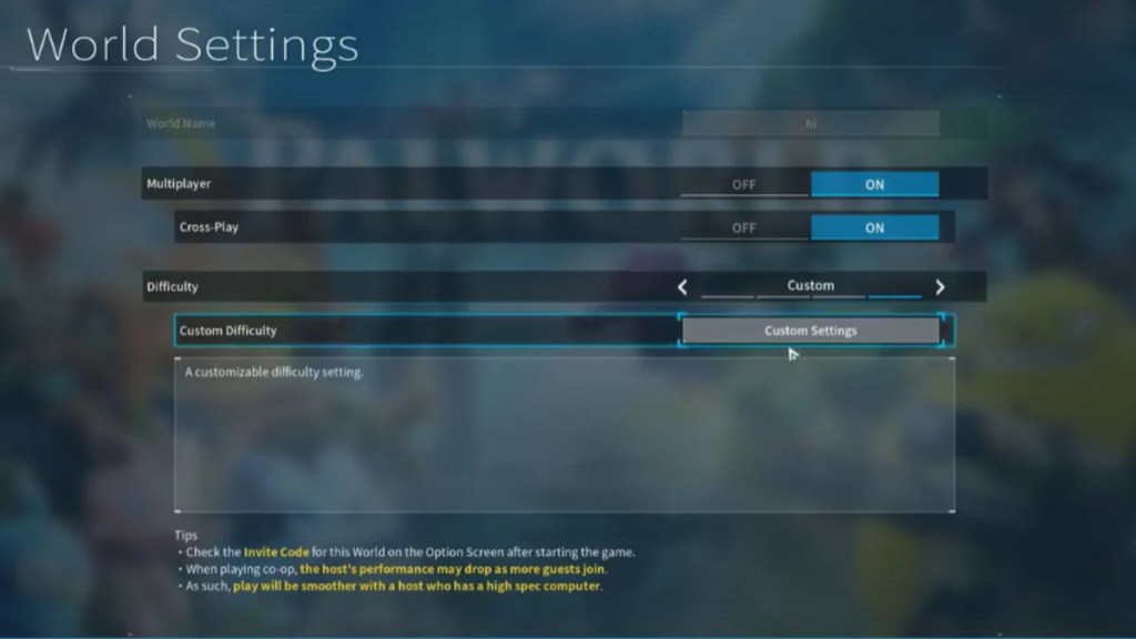 Palworld in-game World Settings user interface menu showing the Multiplayer toggle switched to ON and Cross-Play option turned ON.