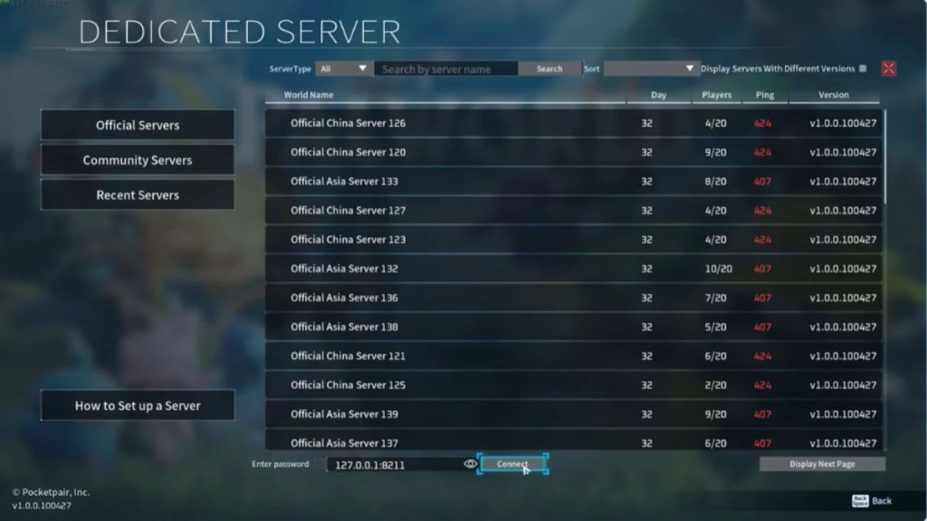 The Dedicated Server browser list in Palworld showing multiple regional servers from Official China and Official Asia alongside player counts and latency data.