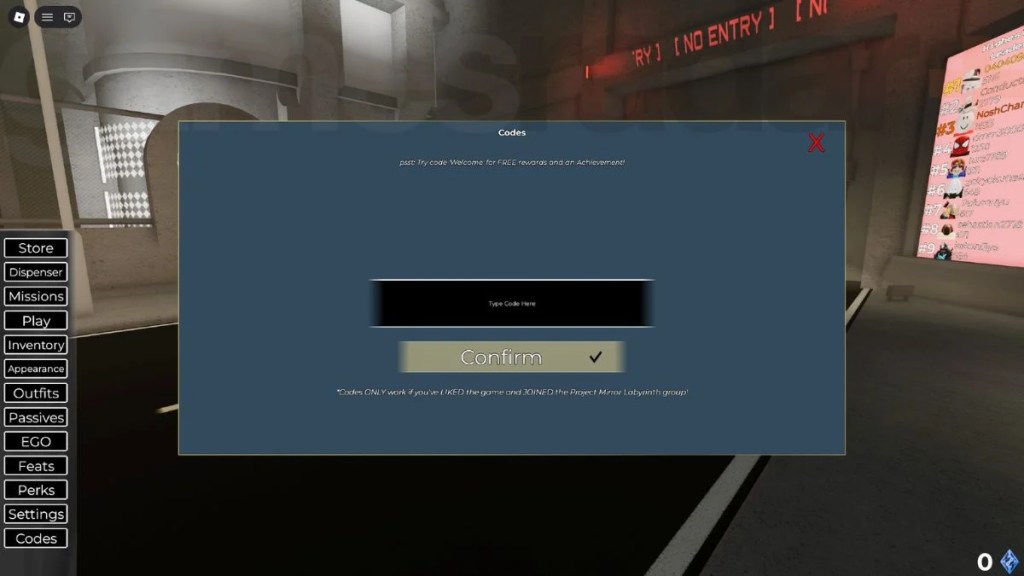 In-game code redemption menu overlay inside the Roblox game Project Mirror Labyrinth, showing the text prompt box and confirmation button.