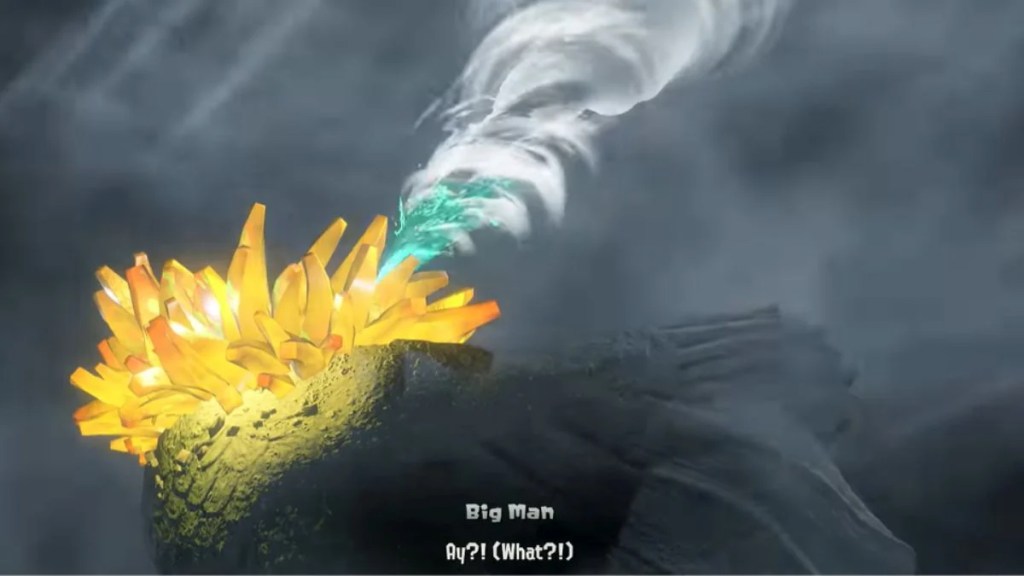 A massive golden Spirhalite crystal drill emerging during the final battle in Splatoon Raiders.