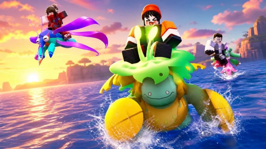 Three blocky Roblox characters riding unique elemental monsters across ocean waves during a bright sunset.