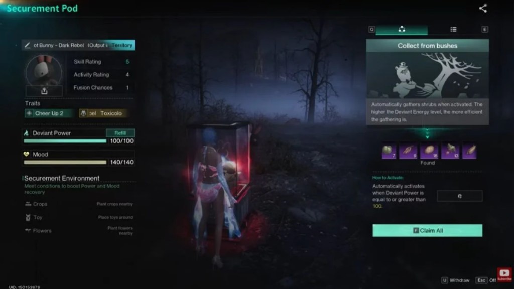 Securement Pod interface in Once Human showing Fetch-A-Lot Bunny stats, securement environment requirements, and harvested resources