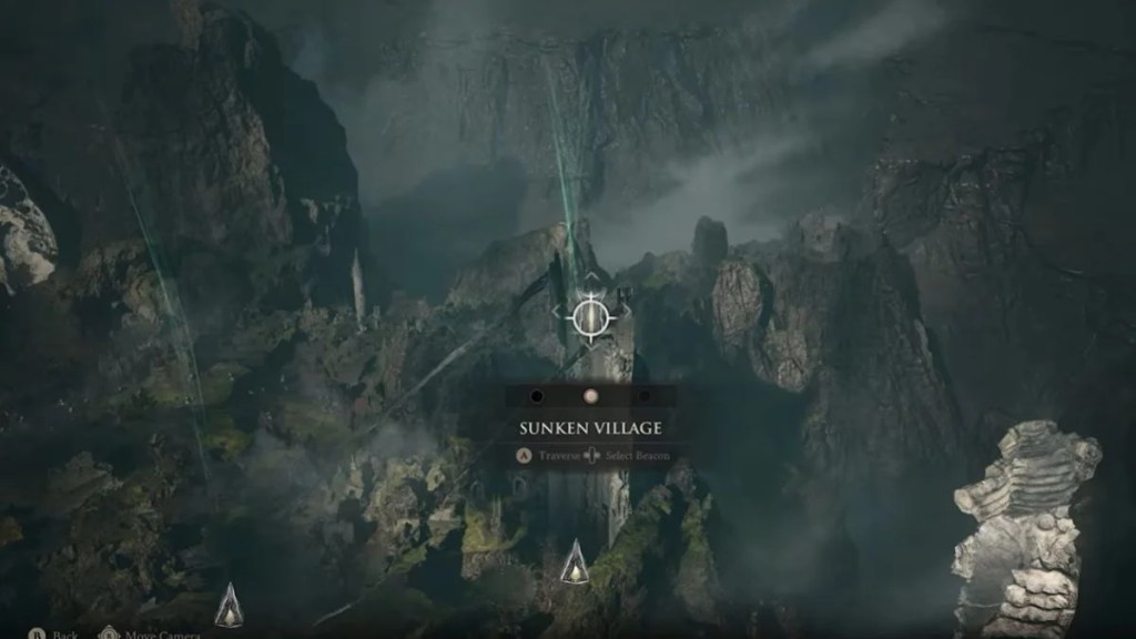 In-game beacon fast travel map screen highlighting the Sunken Village location in Mortal Shell 2.