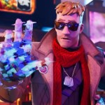 Fortnite character Agent Jones wearing sunglasses and looking at his glowing, glitching digital hand.