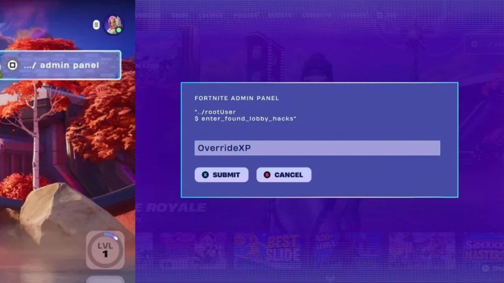 In-game interface split showing the Admin Panel entry prompt and code submission box in Fortnite.