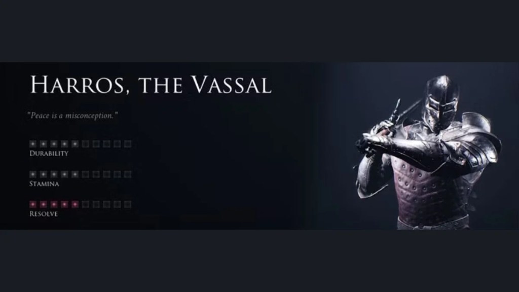 Harros the Vassal base stats interface showing Durability, Stamina, and Resolve in Mortal Shell 2.