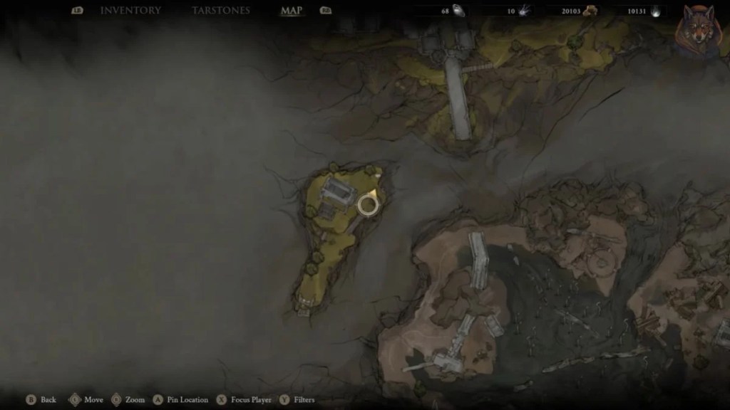 In-game map marker showing Baghead's location on the Desolate Peaks island in Mortal Shell 2.