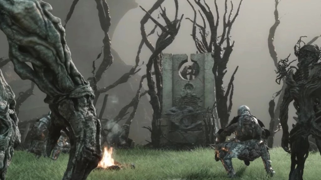 Player character crouching alongside Baghead's followers near a campfire in Mortal Shell 2.