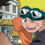 Classic anime illustration of young Naruto Uzumaki wearing his green goggles and winking.