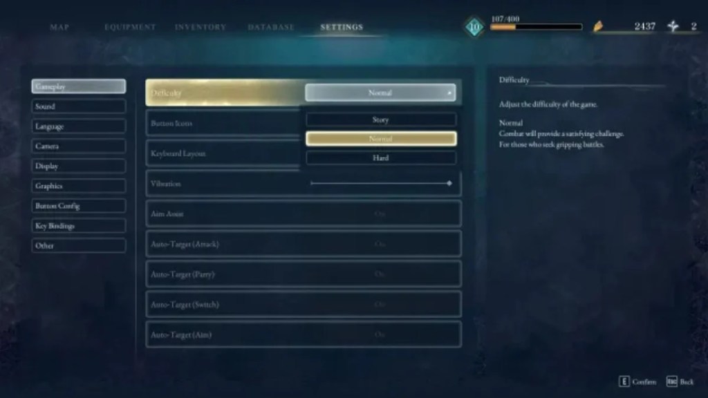 Beast of Reincarnation gameplay settings menu highlighting the difficulty selection options for Story, Normal, and Hard mode.