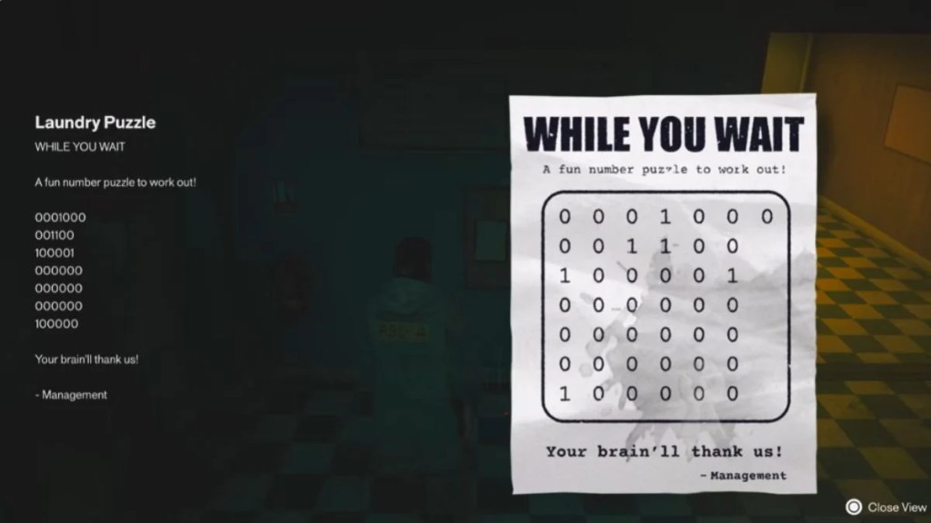 In-game note from Control Resonant showing the seven-row binary puzzle for the Central laundromat washing machines.