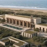 Aerial architectural rendering of Praxis' proposed waterfront neighborhood in Uruguay featuring stone structures, courtyard pools, and green roofs along the coast