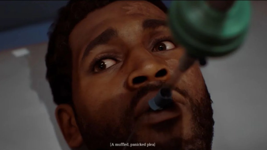 Close-up of patient undergoing intubation mini-game in Silent Hill Townfall.
