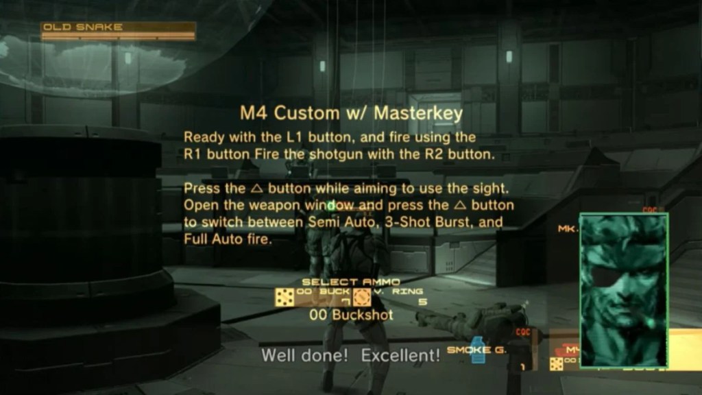 Weapon selection menu showing M4 Custom with Masterkey shotgun attachment in Metal Gear Solid 4.