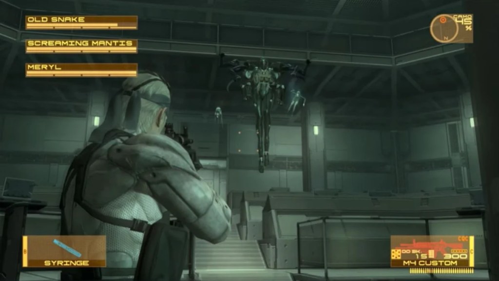 Old Snake aiming his rifle at Screaming Mantis suspended in the air during Act 5 of Metal Gear Solid 4.
