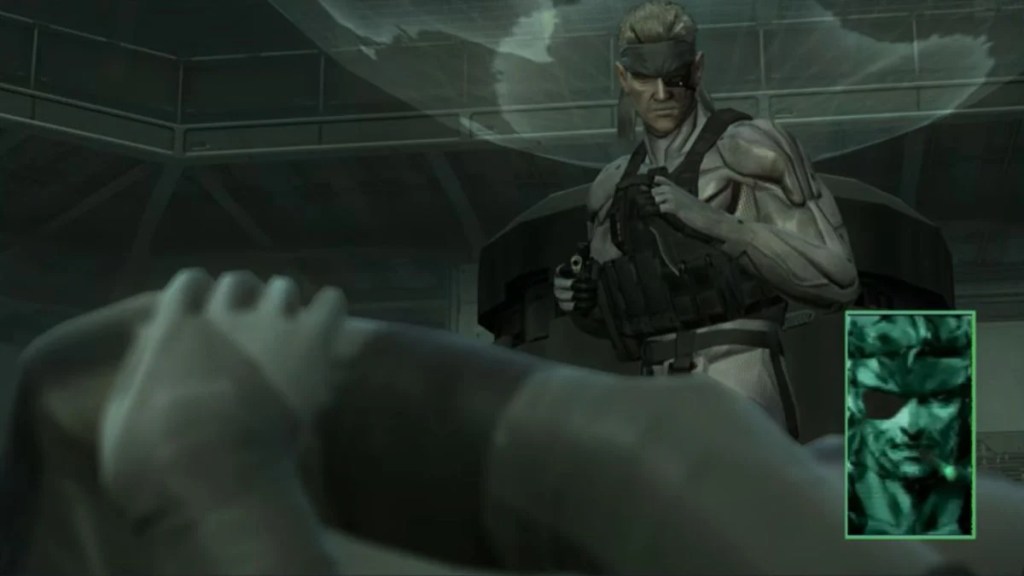 Old Snake standing over an incapacitated ally during the Screaming Mantis boss fight in Metal Gear Solid 4.