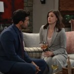 Harrison Chase talking with Willow Tait over wine at the gatehouse on General Hospital.