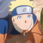 Naruto Uzumaki looking intently with blue eyes and his signature headband during the crossover announcement.