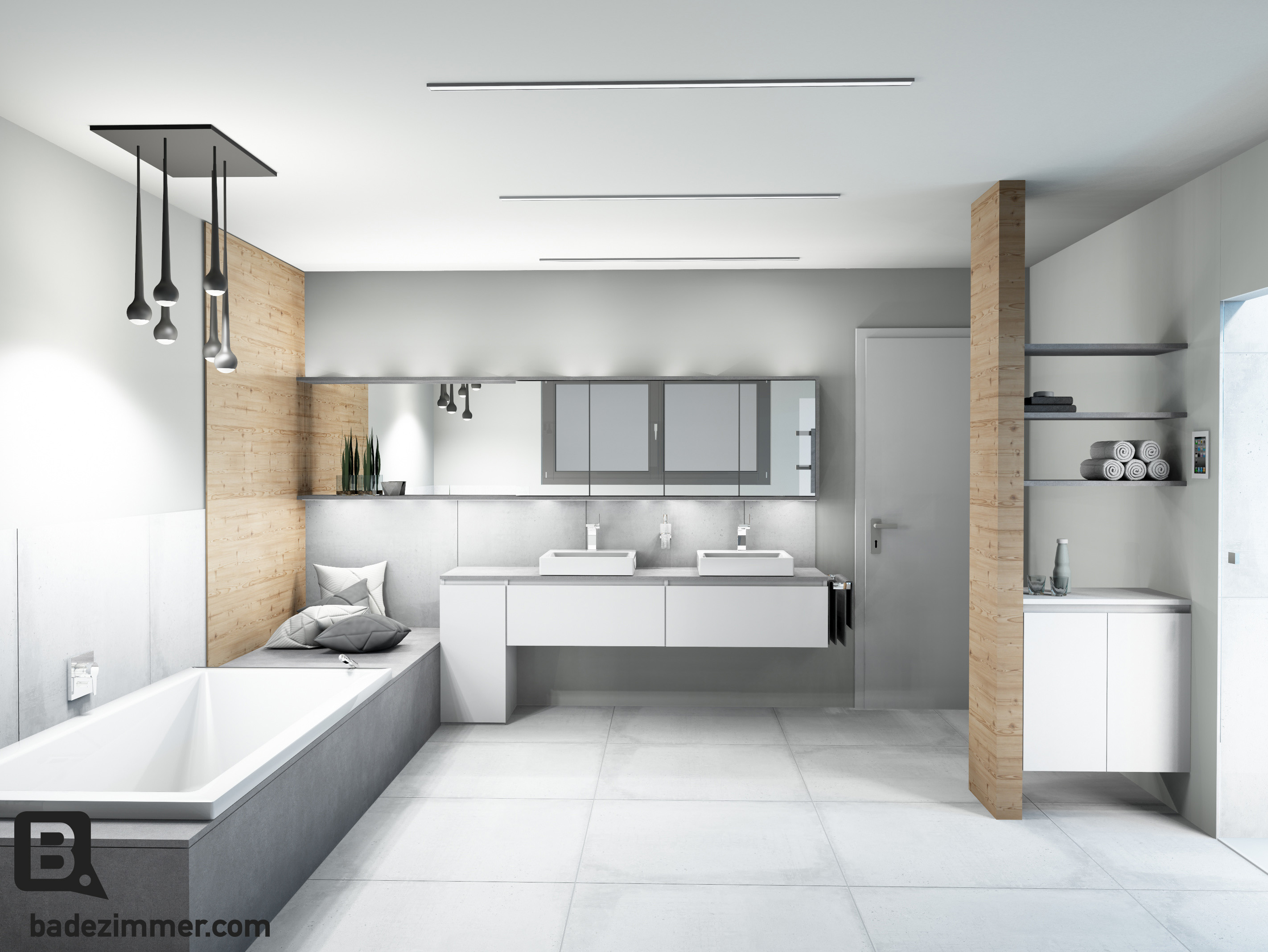 Badezimmer mit fliesen an wand und boden in grau und waschbeckenschrank in weiß. Badezimmer Grau Weiss Gestalten