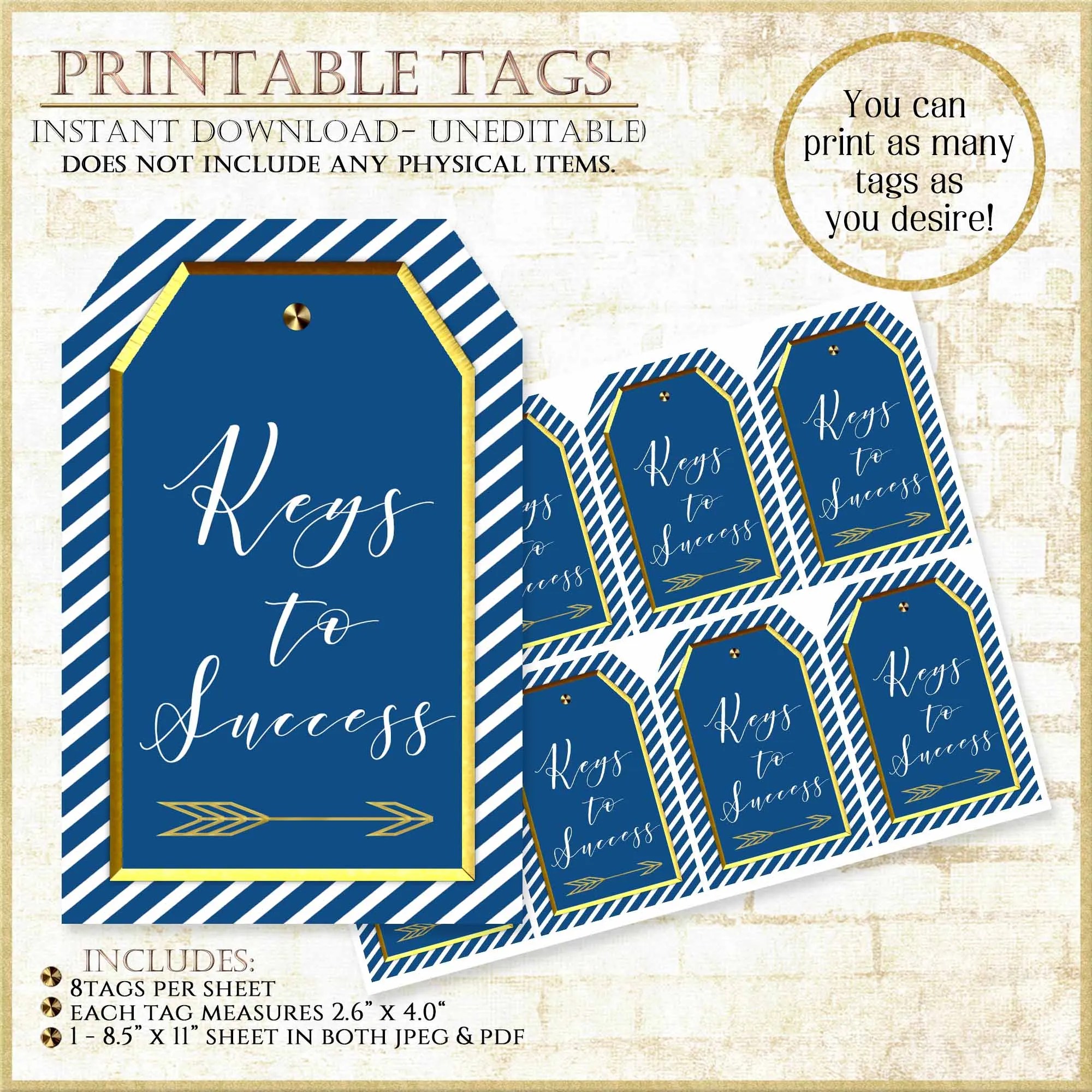 Graduation Advice Cards-Printable Royal Blue and Gold Tags Keys to Success  Display 12720 - Baer Design Studio