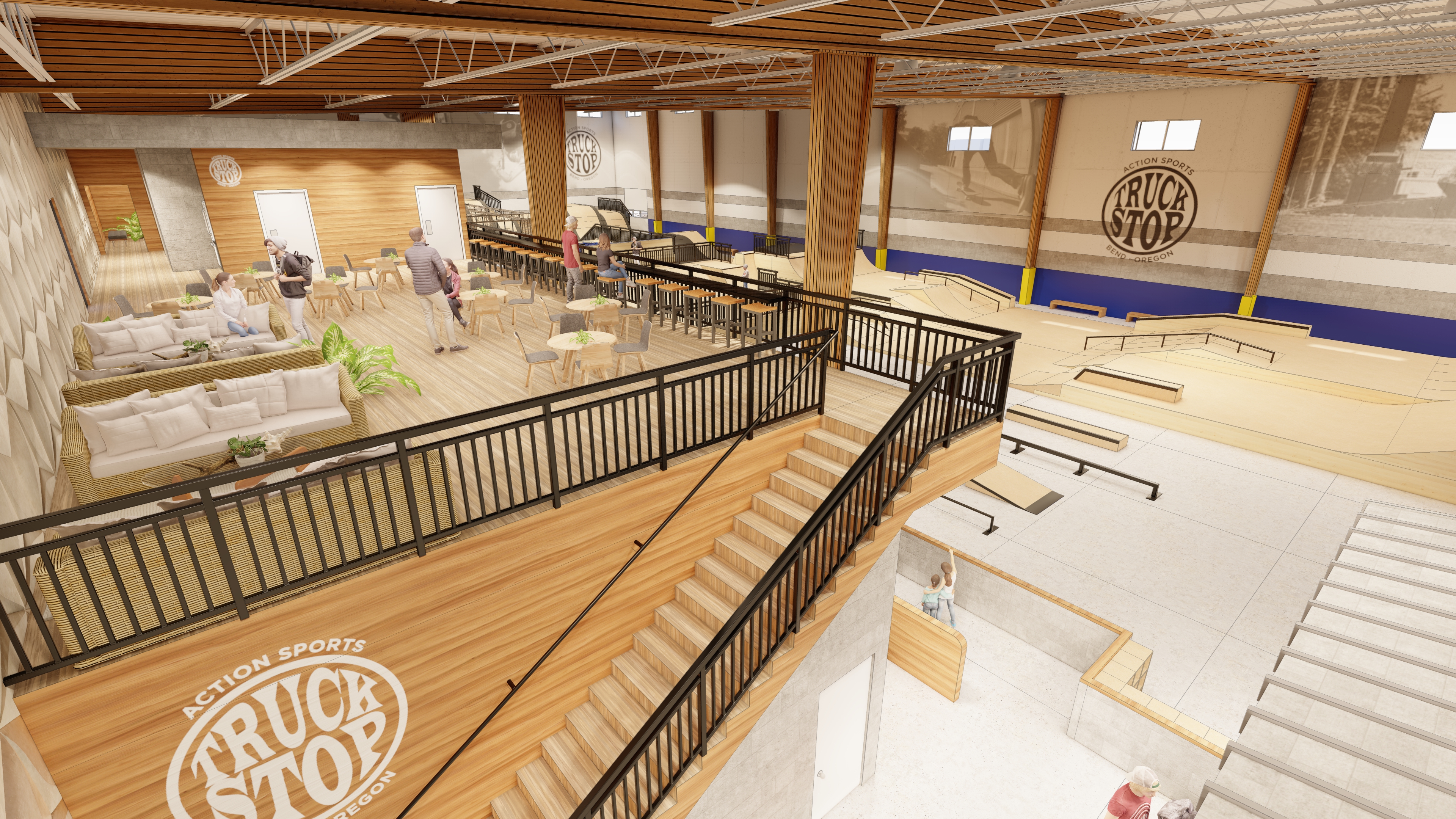 Rendering of the Phase 2 indoor skatepark and Ninja Warrior area