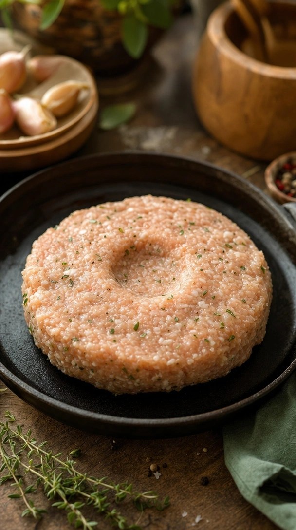 A Thick, Raw Turkey Burger Patty With A Distinct Center Thumb Indentation Sits On A Rustic Wood Board Before Grilling.