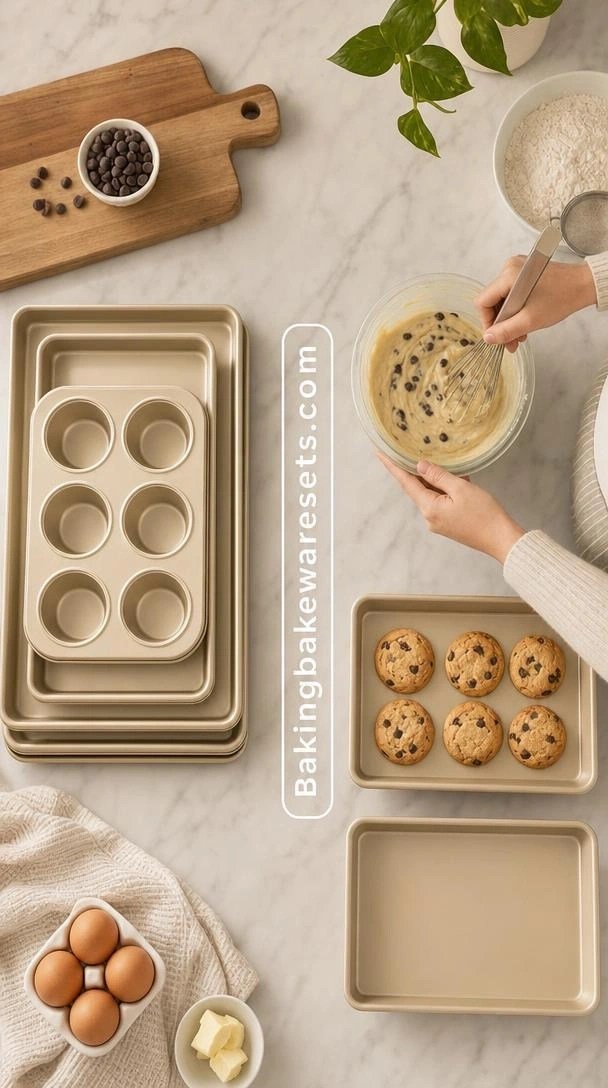 Aiviki Stackable Bakeware Set Nesting On A Kitchen Counter Showing Space-Saving Design