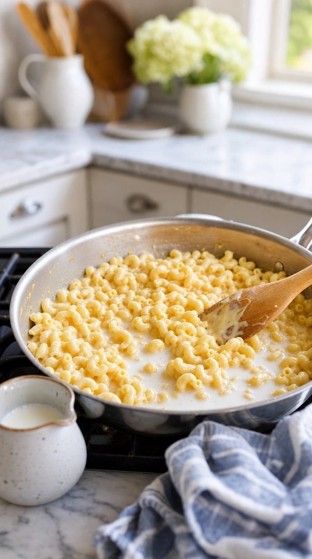 Adding Paprika, Mustard Powder, And Nutmeg Spices To A Simmering Milk Base In A Skillet.